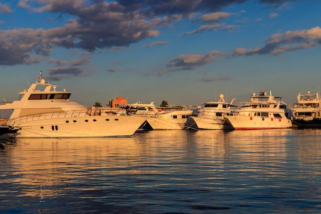 Witte jachten in de zeehaven van Hurghada Egypte Haven met toeristenboten op de Rode Zee