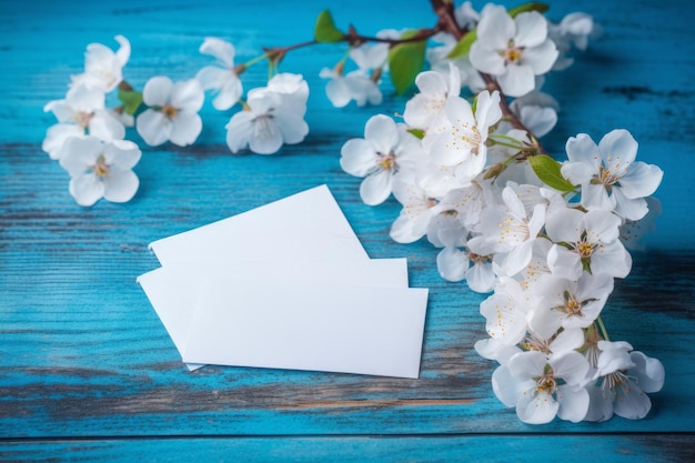 Witte kaarten op een blauwe houten achtergrond met een blauwe achtergrond