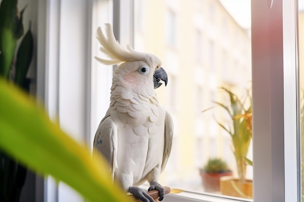 Foto witte kakadoe zit op een vensterbank en kijkt uit het raam