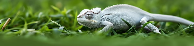 Witte kameleon in groen gras Panorama