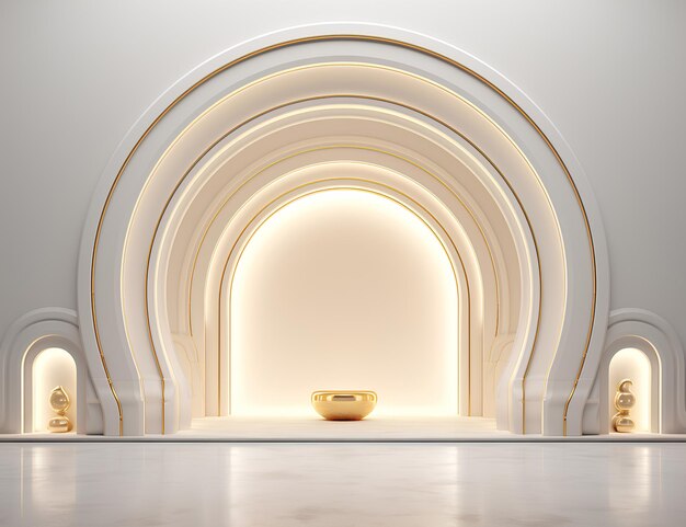 Foto witte kamer met een gebogen deur en gouden gebogen lichten in de stijl van maquette