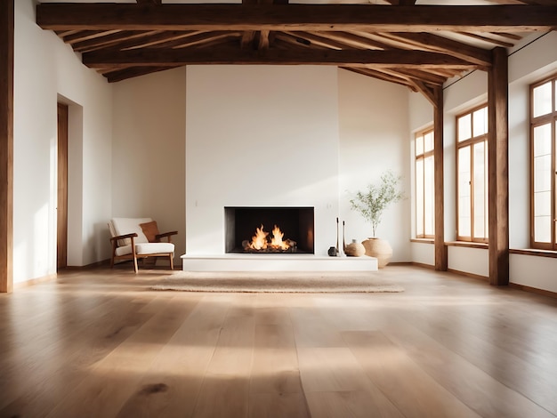 Witte kamer met houten vloer en plafond balken open haard aan de rechterkant