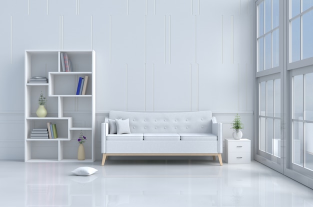 Witte kamerinrichting met witte sofa, kussens, boekenkast, vaas, boek, bloem, cementmuur. 3d render