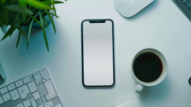 Witte kantoor bureau tafel met smartphone met lege mockup scherm kop koffie en c Generatieve AI