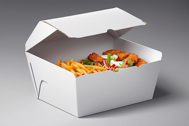 Witte kartonnen fastfood doos verpakking voor lunch Chinees eten op witte achtergrond geïsoleerd