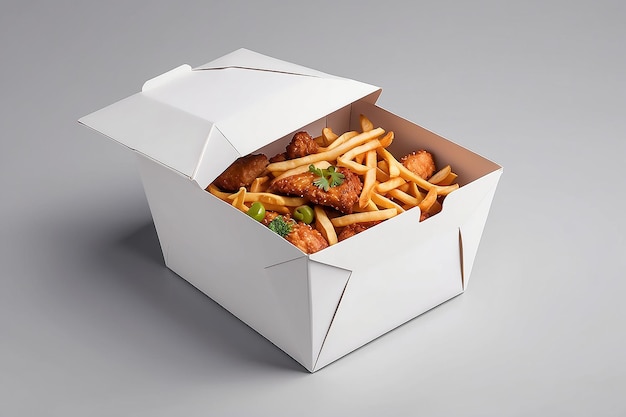Witte kartonnen fastfood doos verpakking voor lunch Chinees eten op witte achtergrond geïsoleerd