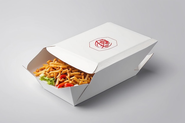 Witte kartonnen fastfood doos verpakking voor lunch Chinees eten op witte achtergrond geïsoleerd