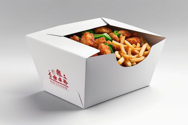 Witte kartonnen fastfood doos verpakking voor lunch Chinees eten op witte achtergrond geïsoleerd