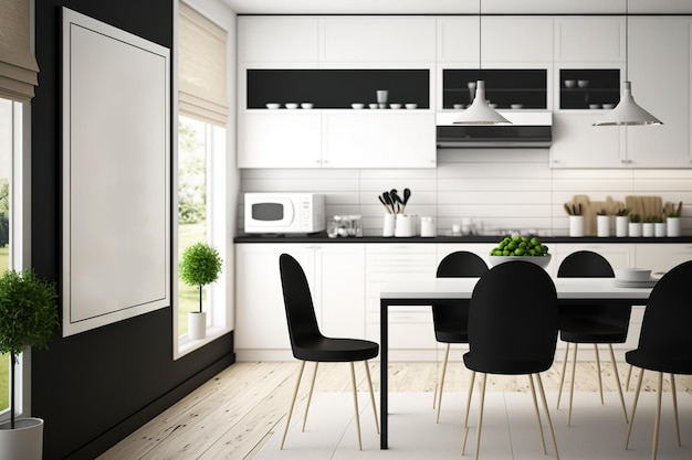 Witte kasten, zwarte werkbladen en witte stoelen in de keuken van een eetkamer Grote ramen en een mockup voor een poster Sideon Getinte afbeelding