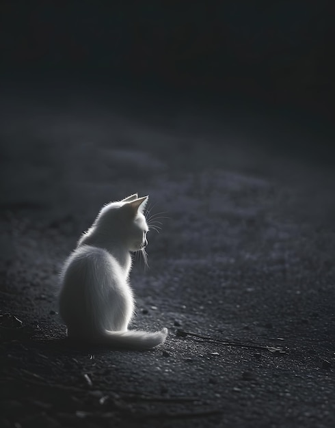 Witte kat die op de grond zit met een donkere achtergrond