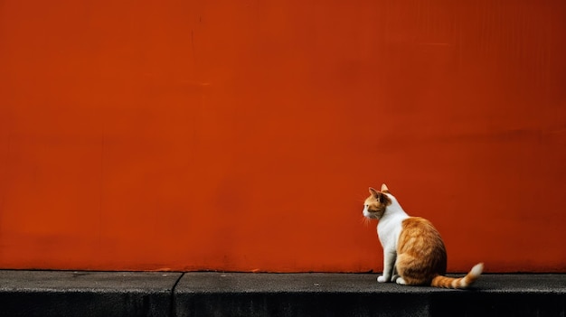 Witte kat in de stijl van Japans minimalisme op een rode achtergrond met vrije ruimte