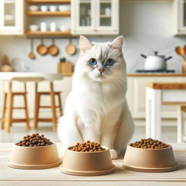 Witte kat met blauwe ogen in de zonnige keuken