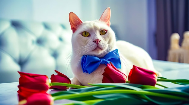 Witte kat met blauwe vlinderdas zittend op tafel met rode rozen Generatieve AI