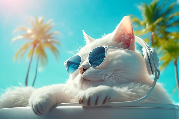 Witte kat met een zonnebril op een witte auto met palmbomen op de achtergrond Generatieve AI