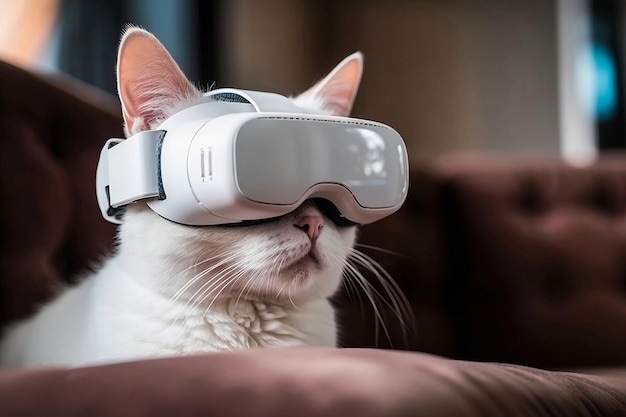 Witte kat met VR-headset AI gegenereerd portret van kat in virtual reality-bril