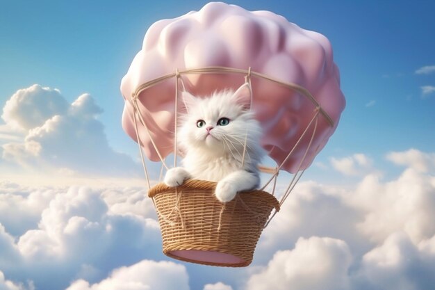 Witte kat vliegt in een luchtballon tussen de wolken