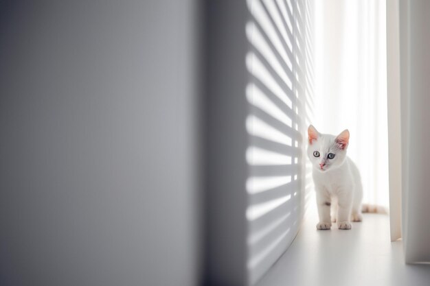 Witte kat zit op de vloer in de buurt van het witte raam in minimalistische stijl zonnig daglicht met kopieerruimte Generatieve AI