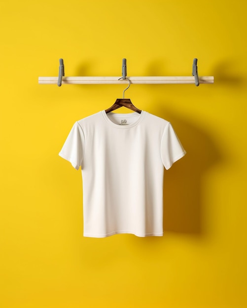 witte katoenen gerimpelde T-shirt op een hanger op een gele achtergrond zomerkleding