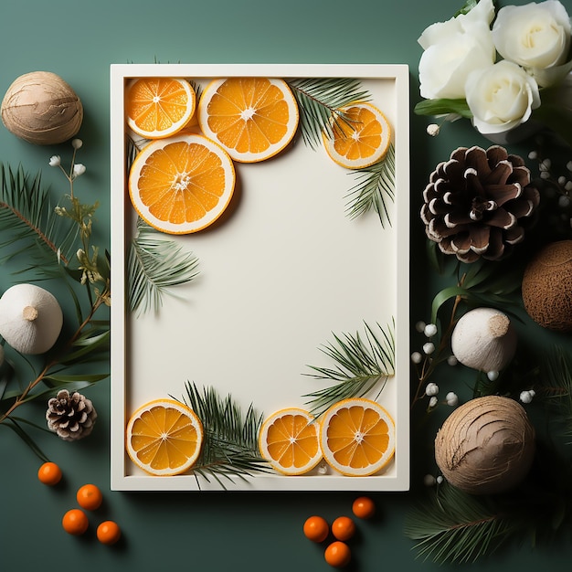 Witte kerst achtergrond Nieuwjaarsdecoratie met dennenkegels en sinaasappel