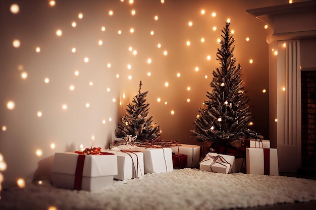 Witte kerstboom in hygge woonkamer