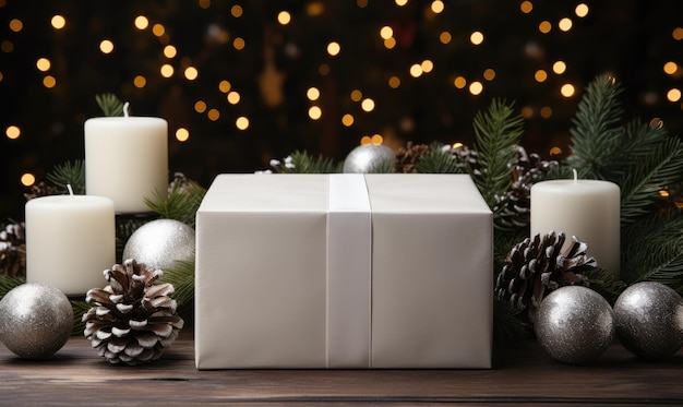 Witte kerstcadeau geschenkdoos met kaarsen en dennenappels op houten tafel wazige achtergrond met prachtige bokeh