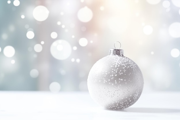 Foto witte kerstglasboombal op een besneeuwde achtergrond