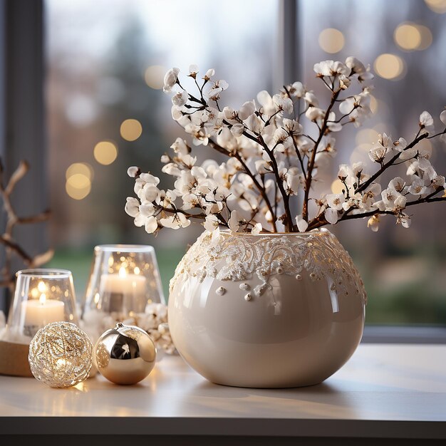 Foto witte kerstversieringen op tafel.