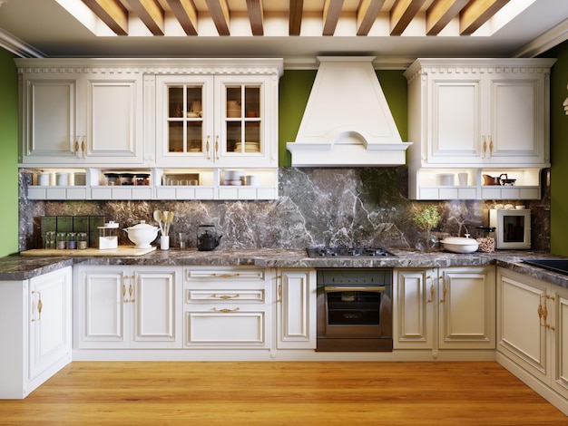 Witte keukenmeubels in het interieur van de keuken in Arabische stijl met groene muren