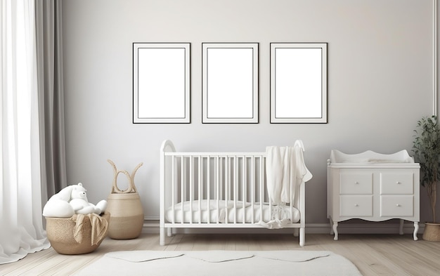 Witte kinderkamer met drie blanco frames mockup aan de muur