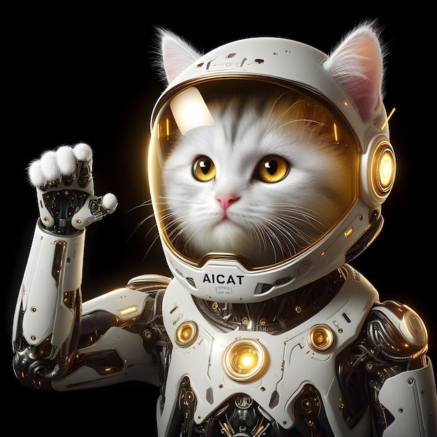 Witte kitten met gouden ogen draagt een futuristisch AI-technologie pantser.