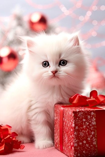 Witte kitten met kerstcadeaus op de achtergrond van de kerstboom close-up Generatieve AI