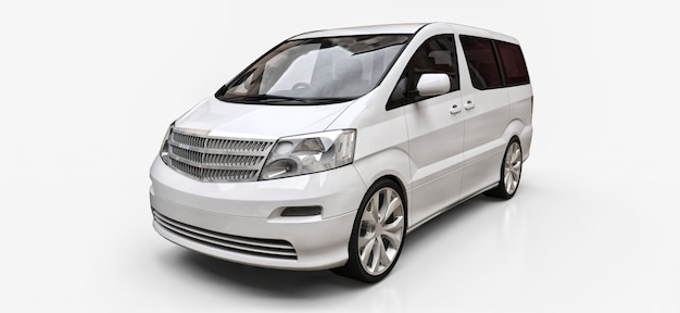 Witte kleine minibus voor het vervoer van mensen. Driedimensionale illustratie op een glanzende witte achtergrond