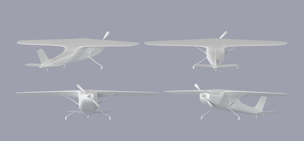 Witte kleine vliegtuig voorkant achterkant en hoek weergave Realistische mockup éénmotorige aangedreven vliegtuigen privéjet burgerluchtvaart Turboprop vliegtuig met schoepen geïsoleerd op grijze achtergrond 3d render