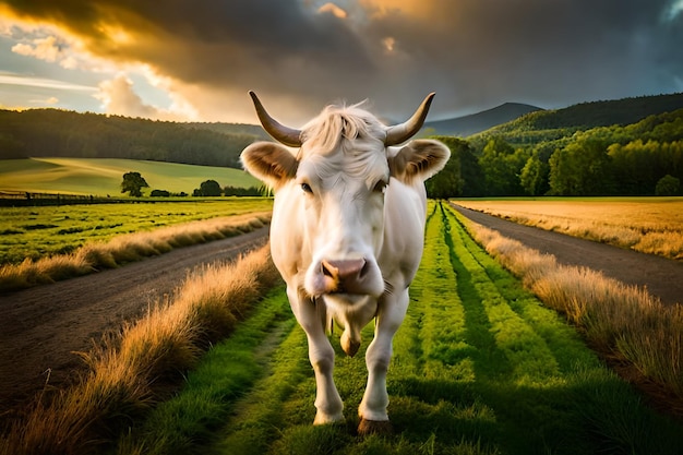 Witte koe staande in een veld en bewolkte lucht op de achtergrond