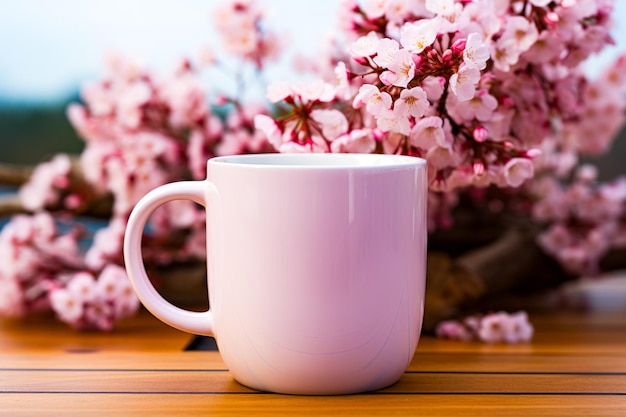 Witte koffiebeker op een houten tafel Generatieve AI