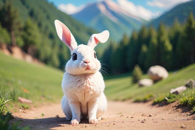 Witte konijn met lange oren die op het gras speelt schattig huisdier konijn dier behang achtergrond