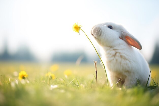 Witte konijn ruikt een narcissus in een zonnig veld