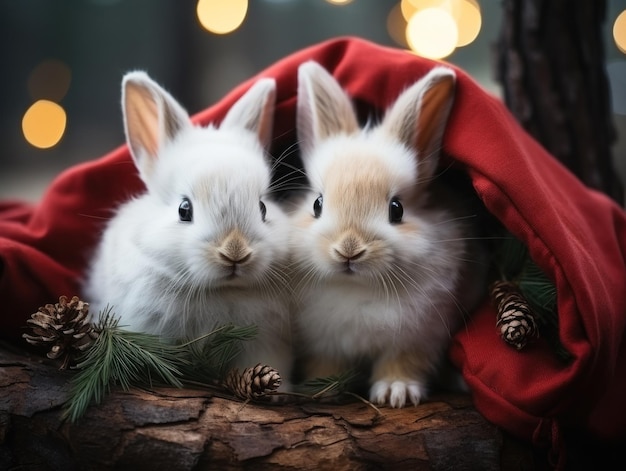 Witte konijnen liggen op een deken onder de kerstboom tegen de achtergrond van kerstverlichting