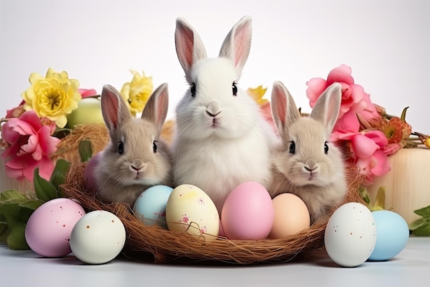Witte konijnenfamilie en kleurrijke paaseieren op een geïsoleerde witte achtergrond