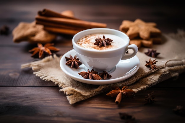 Witte kop bruine koffie op bord met stuk stoffen linnen met kaneel- en gemberkoekjes