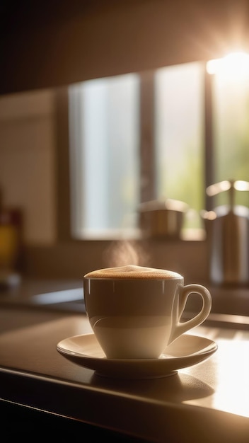 witte kop koffie met stoom op een houten tafel in een gezellige huiselijke sfeer in een warm licht het concept van thuis comfort en goedemorgen