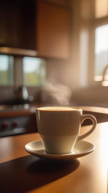 witte kop koffie met stoom op een houten tafel in een gezellige huiselijke sfeer in een warm licht het concept van thuis comfort en goedemorgen