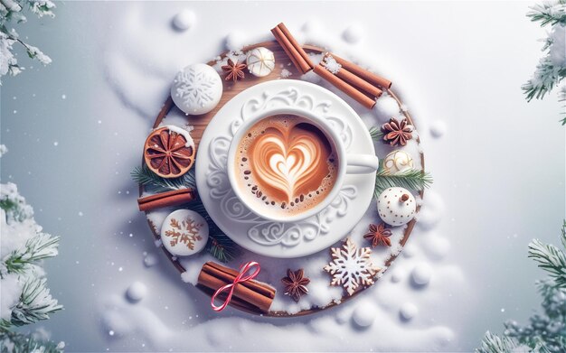 Foto witte kop lekkere koffie of cappuccino met hartboom latte kunst op witte sneeuw