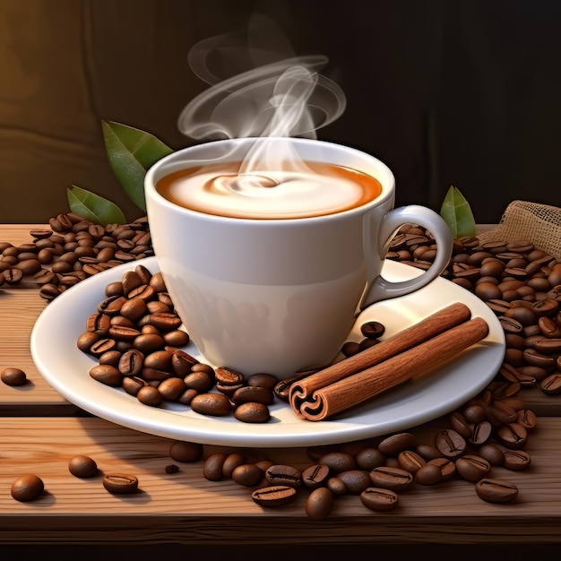 Witte kop warme koffie met kaneel op de schotel.