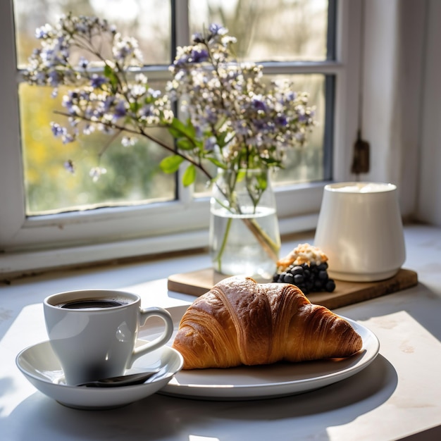 Witte kop zwarte koffie op een witte ontbijttafel met croissant op een venster uitzicht bloesem bloemen