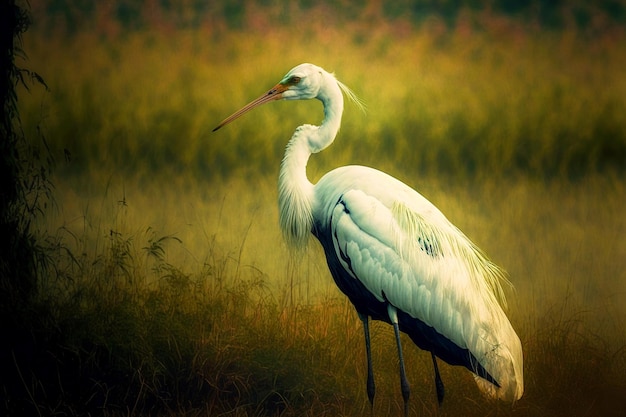 Witte kraanvogel met lange snavel staat op groene open plek