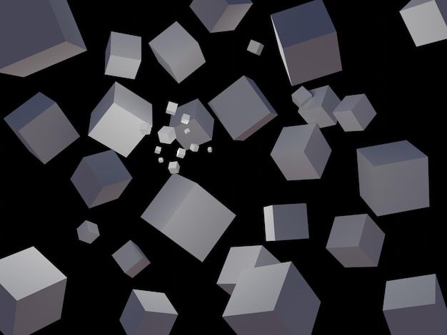 Witte kubussen vliegen op een zwarte achtergrond 3D-render beeld