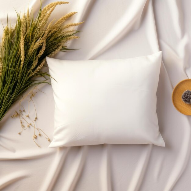 Witte kussen op witte stof met plooien veldplanten boeket aan de zijkant foto mockup