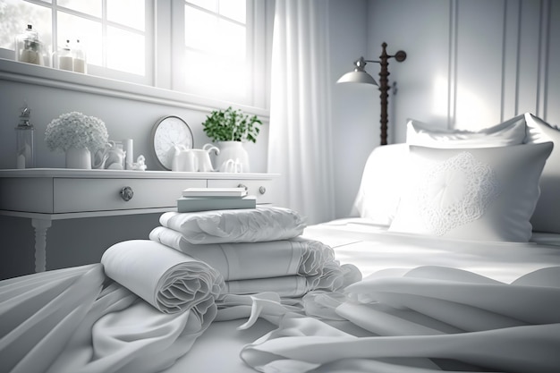 Witte kussens op het bed in een luxe hotel neurale netwerk AI gegenereerd