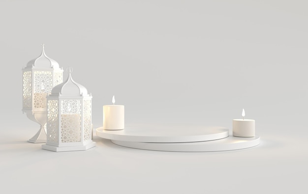 Witte lantaarn met kaarslamp met arabische decoratie op presentatiepodium Ramadan Kareem